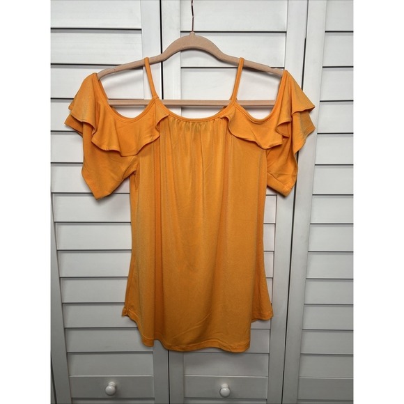 New York & Company Cold Shoulder Ruched Top Size Medium Orange NWT - Picture 8 of 8